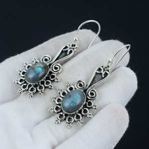 Pendientes de Labradorita Azul Natural, Ovalados, Plata de Ley 925, Chapados en Oro, Bonitos, para Mujer, Regalo de Aniversario - Product Image 2