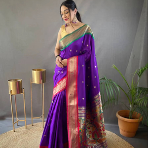 Último diseñador estilo tradicional puro algodón suave Paithani seda Sari comodidad uso durante todo el día para fiestas con bordado Jacquard - Product Image 1