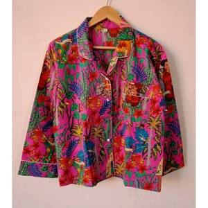 Women Floral Printed <b>Pajama</b> Set Long Sleeve Button Closure Soft Woven 100% Cotton Summer Sleepwear Casual Style Mid Rise Shorts - Product Image 4