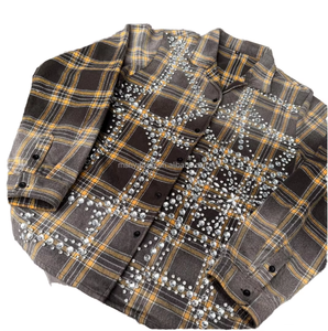 White and Black Plaid Classic Two <b>Pocket</b> Long Sleeve <b>Mens</b> Custom Label Button up Flannel <b>Shirt</b> - Product Image 1