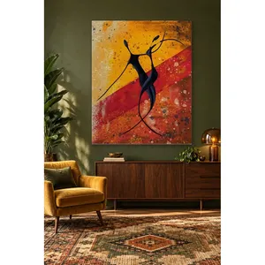 Impression sur toile de silhouette de couple dansant sur fond jaune et rouge Fida - Product Image 1