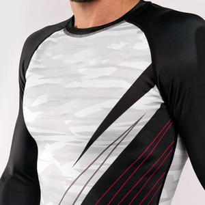 เสื้อรัดรูปสำหรับผู้ชาย พิมพ์ลายแบบ Sublimation สำหรับ MMA แขนยาว ระบายเหงื่อได้ดี ยืดหยุ่น ระบายอากาศได้ดี เหมาะสำหรับกีฬาต่อสู้ สีขาว - Product Image 3