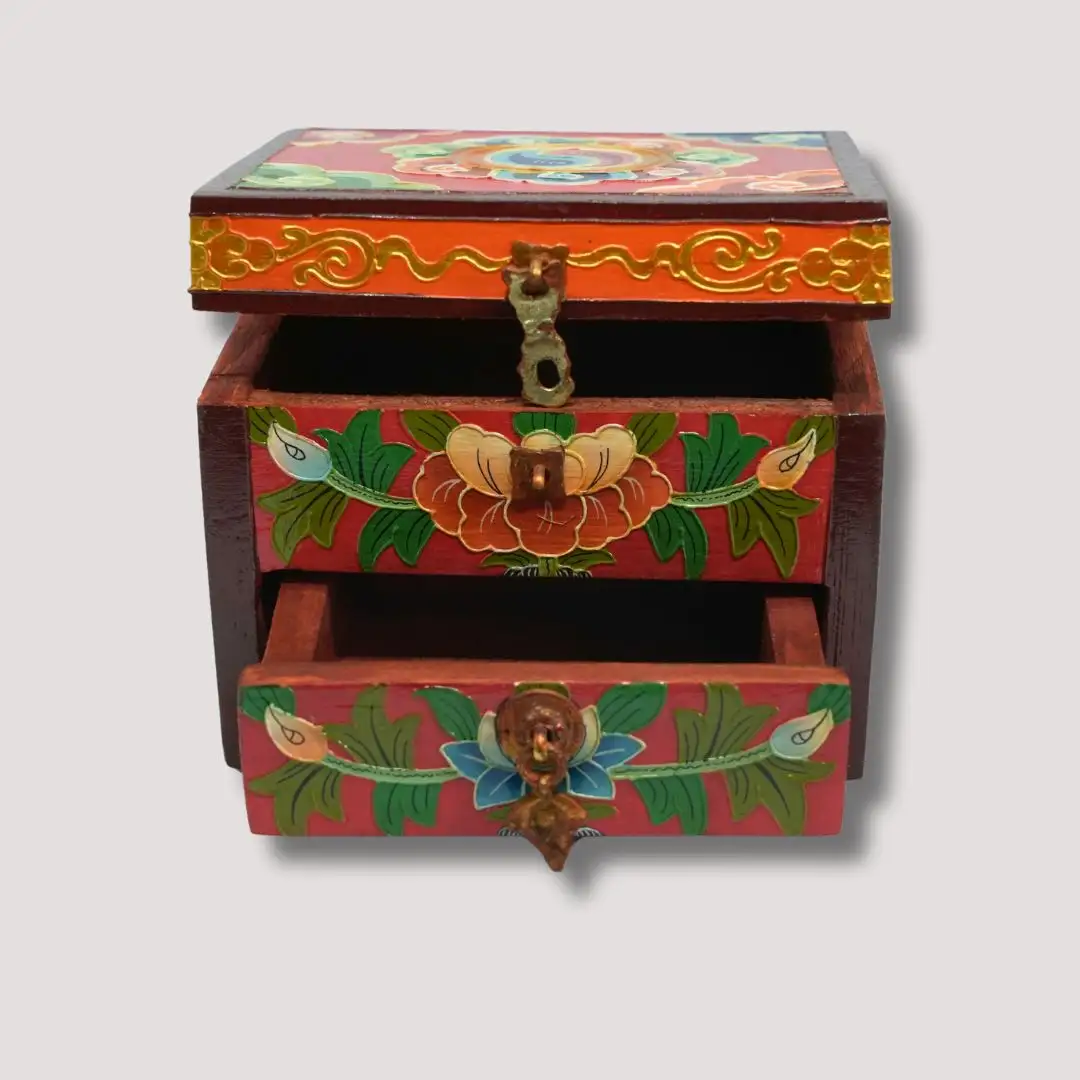 Hộp trang sức bằng gỗ thủ công Tây Tạng: Hoa sen & thiết kế nút thắt vô tận được vẽ bằng tay với màu sắc thangka được làm bằng Nepal
