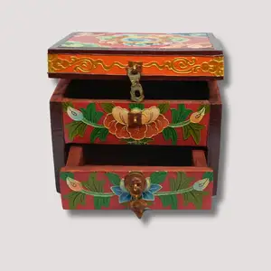 हस्तनिर्मित तिब्बती लकड़ी के आभूषण बॉक्स: लोटस और एंडलेस नॉट डिज़ाइन, नेपाल में निर्मित थांगका रंगों से हाथ से पेंट किया गया