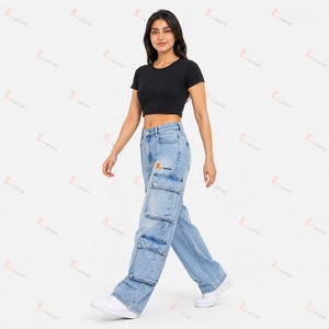 Fabricant de jeans cargo en denim pour femmes, pantalons cargo en denim à taille haute et jambes larges personnalisés pour femmes, style streetwear vintage délavé - Product Image 4