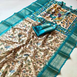 Sari Premium en Soie de Litchi Pure et Douce avec Impression Numérique Kalamkari Pichwai, Jacquard, Bordure Riche, Design Identique des Deux Côtés, Motif Tout au Long - Product Image 2