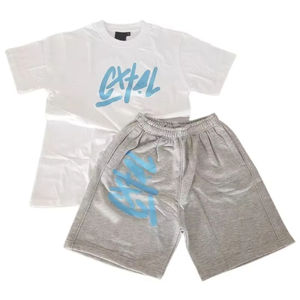 Chándal de algodón pesado, conjunto corto de chándal personalizado de verano, conjuntos de 2 piezas, camisa de gran tamaño para hombre, conjunto de pantalones cortos de malla, Color de contraste - Product Image 6