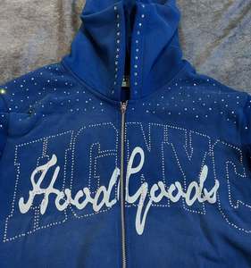 Sweat-shirts à capuche zippés en coton 100% respirant, 420 g/m², avec impression personnalisée streetwear, effet délavé au soleil, patch en strass - Product Image 5