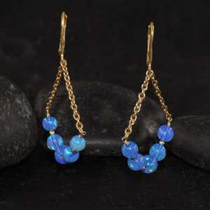 Boucles d'oreilles pendantes en opale bleue feu pour femmes, pierre précieuse en opale feu, fabrication artisanale, argent sterling 925 plaqué or 14 carats, cadeau - Product Image 4