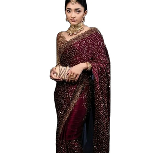 Vêtements indiens et pakistanais Saree de séquence de broderie de soie lourde Georgatte de créateur récent - Product Image 1