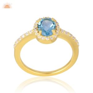 Anillo de Compromiso Elegante con Topacio Azul Natural y Circonita Cúbica, Chapado en Oro de 14k, Fabricante de Joyería - Product Image 1
