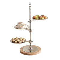 Spiegel Gepolijst Metalen Pizza Serveerstandaard Groot Zilver Roestvrij Staal 3 Tier Houten Basis Bruidstaartstand Elegant Servies