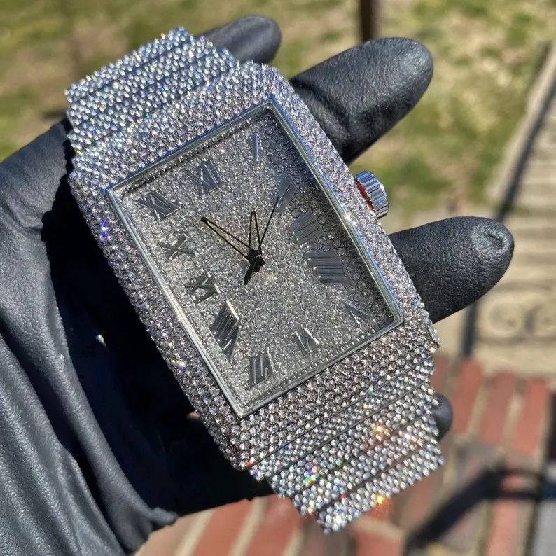 Relógio personalizado de ouro branco Bling Bling masculino, relógio de pulso de quartzo com movimento de luxo e estilo, feito em laboratório, com diamantes