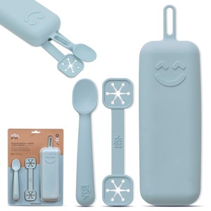 Ensemble de porte-couverts bleu gris avec bavoirs et cuillères en silicone pour les bébés de 0 à 12 mois - Product Image 1
