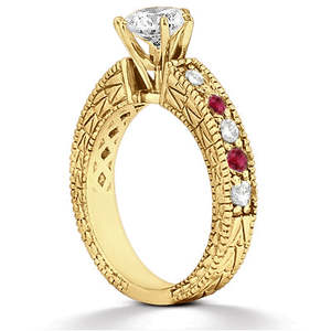 Anillo de Compromiso de Oro Amarillo de 14k con Diamantes y Rubíes Antiguos de 0.75ct - Estilo Vintage Elegante - Product Image 3