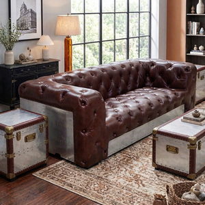 Sofá Chesterfield de 3 Plazas Hecho a Medida, en Cuero Genuino, Ecológico, con Respaldo de Aluminio, Cierre de Botones, Diseño Industrial, Estilo Aviador - Product Image 3