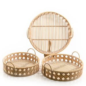 Bandeja de servicio de ratán redonda tejida a mano artesanal con patrón elegante contemporáneo Ideal entretenida para la decoración del hogar - Product Image 1