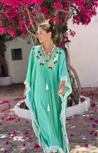 2025 Turquoise col en v broderie longue caftan Maxi robe pour femmes été plage dentelle parole longueur rayonne bohème caftan - Product Image 3