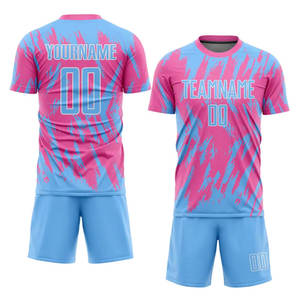 Uniforme de Fútbol Personalizado con Estampado por Transferencia Térmica en Rosa, Azul Claro y Blanco, Pantalones Cortos de Verano de Alta Calidad, Antibacterianos, 100% Poliéster - Product Image 1
