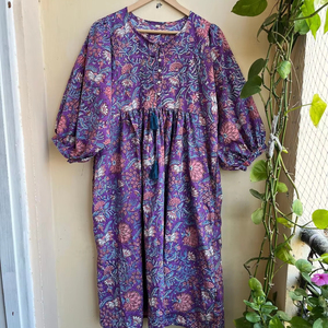Vestido Maxi Estampado a Mano, Túnica Informal de Algodón con Estampado Floral para Mujer, Vestido Largo con Bordado Floral - Product Image 1
