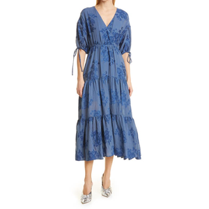 Ted Baker London Women's Blue Floral Print Puff Sleeve Faux Wrap Empire Waistline A-Line Midi <b>Dress</b> Size 2 <b>Romantic</b> Chiffon - Product Image 4