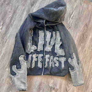 Sudadera con Capucha para Hombre con Bordado 3D en Relieve y Aspecto Vintage Desgastado, Sudadera con Capucha Desgastada para Hombre con Bordado Plano - Product Image 1