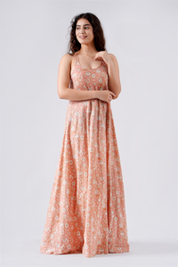 Ấn Độ Tay Khối In Bông <span class=keywords><strong>Maxi</strong></span> Dress Cho Phụ Nữ Cá Hồi Hồng & Trắng Hoa Mô Hình Thoải Mái Mặc Cho Đám Cưới Hàng Ngày Mùa Hè - Product Image 3