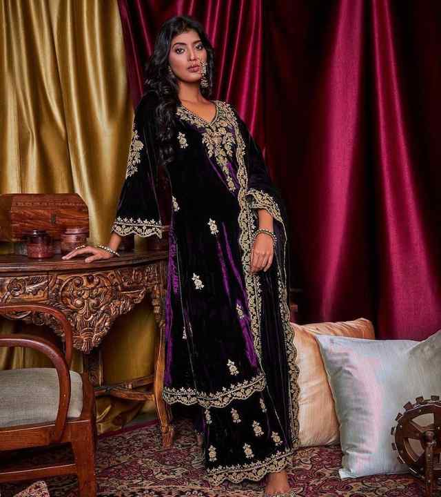 Designer Velvet Kurta Suit With Rich Zari And Thread Embroidery