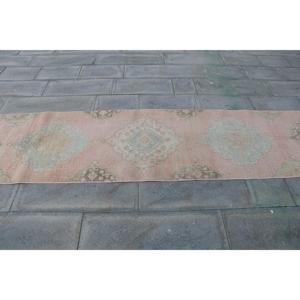 พรมวินเทจ ขนาด 2.5x11.6 ฟุต พรมตุรกี พรมขนสัตว์ลายทางสีชมพูฟ้า - Product Image 4