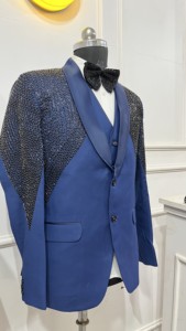 Bleu main broderie marié hommes trois pièces costumes Tuxedos garçons d'honneur mariage Tuxedos fête blazer pour hommes ensembles - Product Image 4