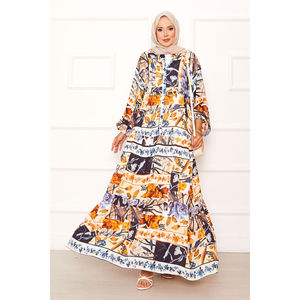 Navy Blue Floral Patterned Viscose <b>Dress</b> Plus Size <b>Loose</b> Silhouette with Dropped Waistline Chic Chiffon Floral Print Fashion - Product Image 3