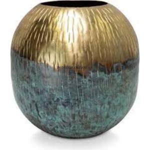 Florero de forma redonda de Metal de calidad Superior con diseño de textura elegante único de Color verde azulado y chapado en oro de doble sombra - Product Image 1