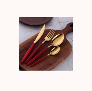 Stainless Steel Cutlery Set with <b>Long</b> Maroon Handle Bright <b>Gold</b> <b>Mirror</b> and Brushed <b>Gold</b> Finish Food Safe Tableware - Product Image 1
