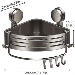 Étagère de salle de bain en aluminium robuste avec crochets, sans perçage, design à ventouse pour économiser de l'espace, support triangulaire en métal pour la douche - Product Image 4