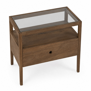 Elegant Solid Teak Wood Contemporary Aura Glass-Top Nightstand <b>Bedside</b> Table Drawer <b>Shelf</b> Bedroom Furniture for Hotel Resort - Product Image 3