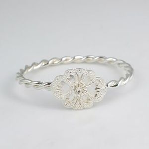 925 Sterling Silver Erzurum Twisted <b>Bracelet</b> with Filigree <b>Flower</b> Stone Embellishment - Product Image 3
