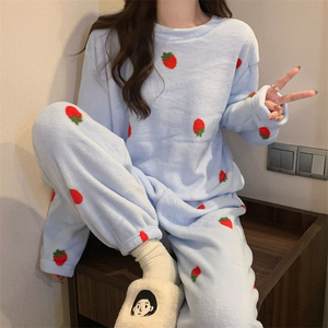 Hot Trending Custom <b>Women</b> Spring Summer Autumn Coral Woven Elastic Waist Elegant Front Casual <b>Thermal</b> Comfort Pajama Set - Product Image 4