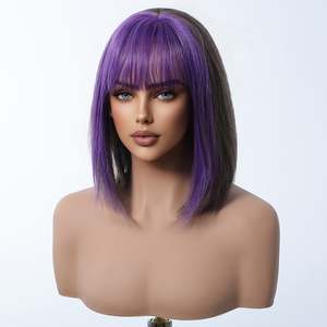 DWY Purple and Grey Short Straight <b>Bob</b> <b>Wig</b> Lace Front Synthetic High Temperature Fiber Natural and Stylish" - Product Image 5