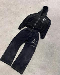 Conjunto Deportivo Gótico para Mujer, Sudadera con Capucha y Cremallera, Pantalones con Diseño de Letras Bordadas, Corte Holgado, Largo Completo, Otoño - Product Image 1