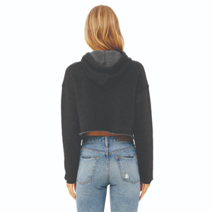 Dark Grey Cropped Women <b>Fleece</b> <b>Hoodie</b> Pullover Style 52% Airlume Combed Ring Spun Cotton 48% Poly Raw Hem Dropped Shoulder - Product Image 3