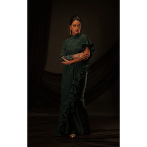 Robe de soirée élégante en vert foncé à volants, robe longue à manches longues pour femmes, tenue de soirée au meilleur prix - Product Image 5