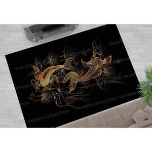 Alfombra con Símbolos Espirituales Asiáticos: Moderna, Carpas Koi, Loto, Negra, Alfombra Gobelino - Product Image 3