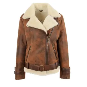 Cowhide Leather Jacket New Arrival Women Real Sheepskin Flying Jacket Antique Brown Genuine Shearling Aviator Leather Coat