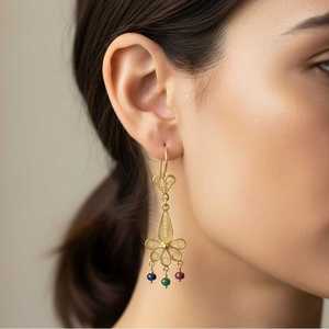 Pendientes Colgantes de Filigrana con Motivo Floral de Oro 22K, Estilo Vintage, de Moda, para Fiestas, Clásicos, Religiosos, con Perlas y Aleación, 70 Años - Product Image 1