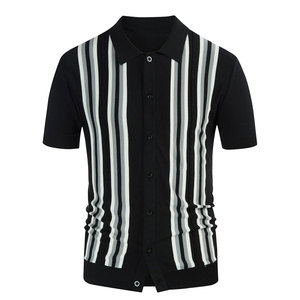 เสื้อโปโลผู้ชายเสื้อกอล์ฟถักติดกระดุมลายทางวินเทจ - Product Image 1