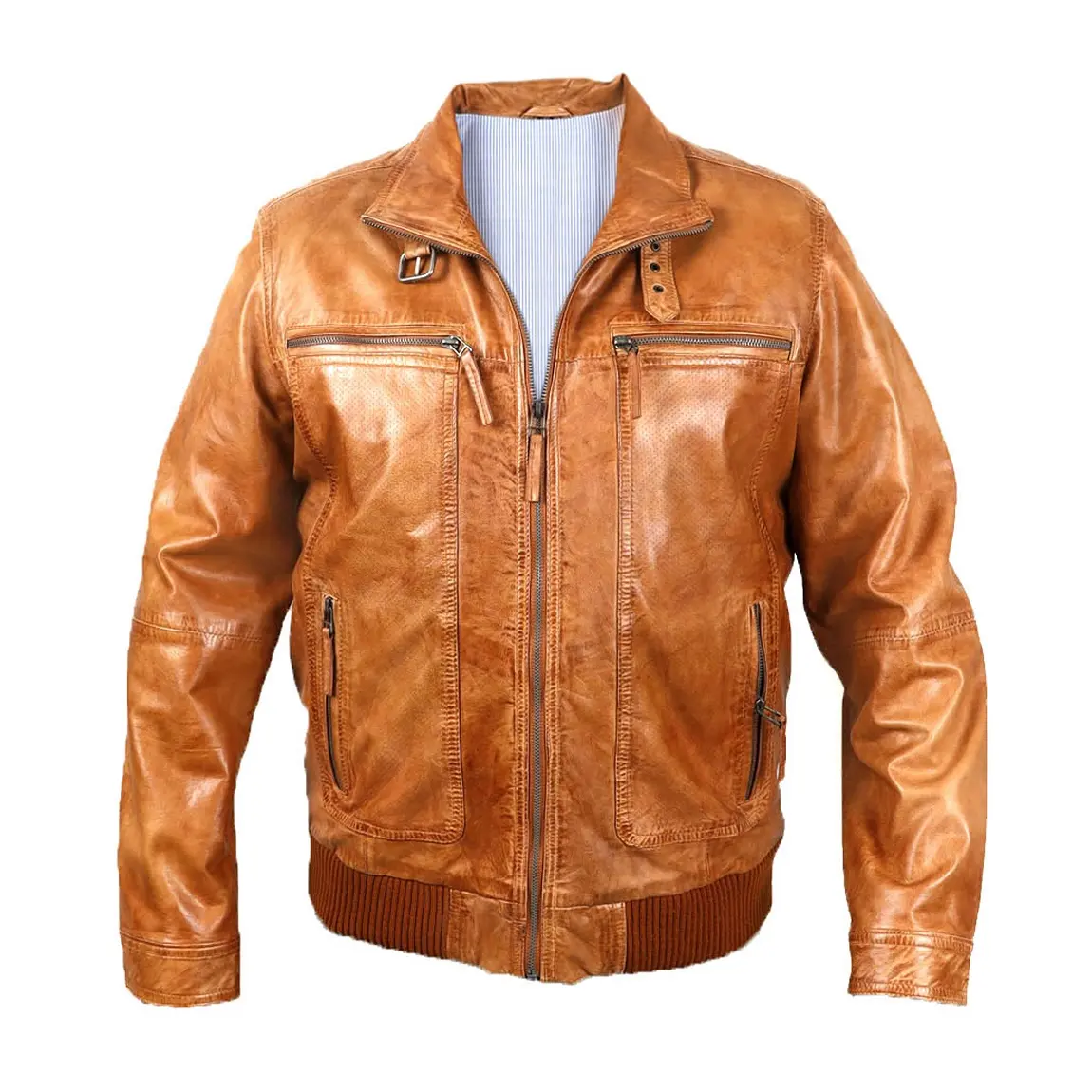 Distressed Leather Bomber Jacket Cognac Color Mens Formal Wear Perforated Leather Parts100 % Genuine Slim Fit Jackets