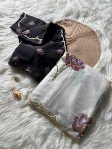 Suave Teby Organza seda Sari estampado Floral elegante cuello tradicional blusa Khatli Cutdana borde para fiestas hecho a mano indio - Product Image 6