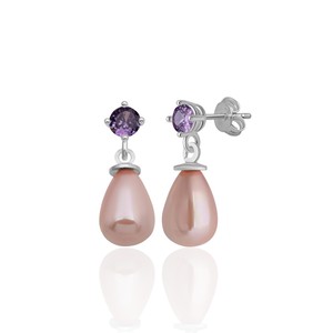 New arrival 926 STERLING <b>SILVER</b> 4 MM PURPLE ZIRCON STONE DROP PINK SHELL <b>PEARL</b> STUD <b>EARRINGS</b> From Turkey - Product Image 1