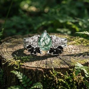 Bague en argent sterling avec agate mousse taille poire du Rajasthan, motif floral, bijoux de fiançailles romantiques pour femme, par Ishwar Art Jewellery - Product Image 5