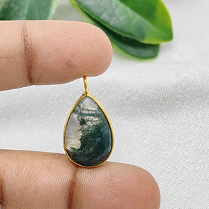 Colgante de lágrima de ágata de musgo liso, conjunto de bisel chapado en oro, conector de piedras preciosas para DIY, collar cristiano, fabricación de joyas de diamantes - Product Image 4
